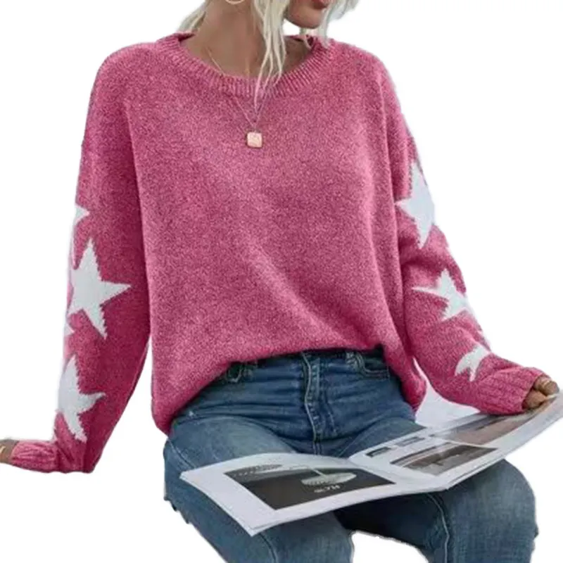 Nigikala Nigikala And Winter Women's Knitted Sweater Fashion Pure Color Five-Pointed Star-Colored Collar Collar Sweater