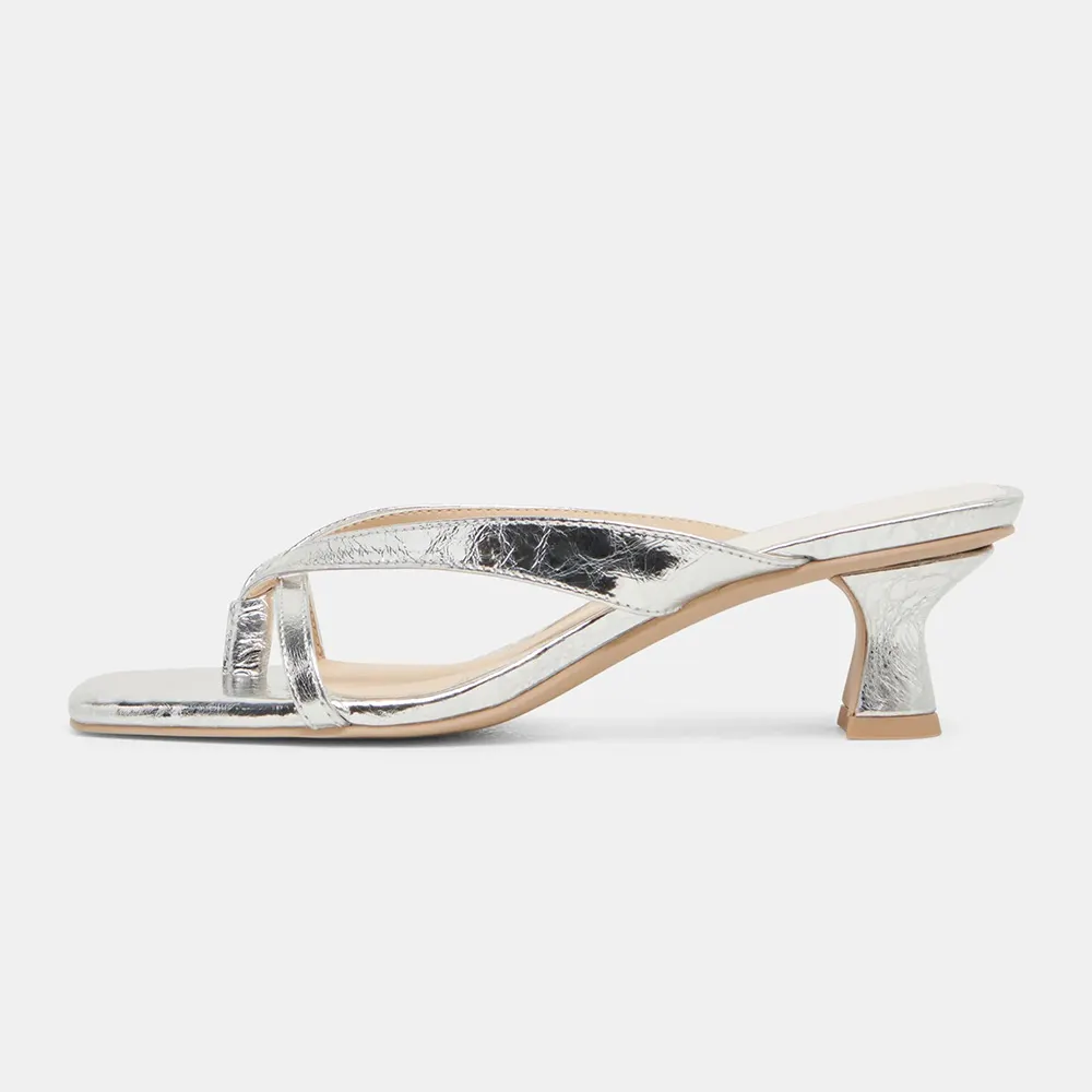 Silver Metallic Finish Open Square Toe Slide Sandals with Spool Heels