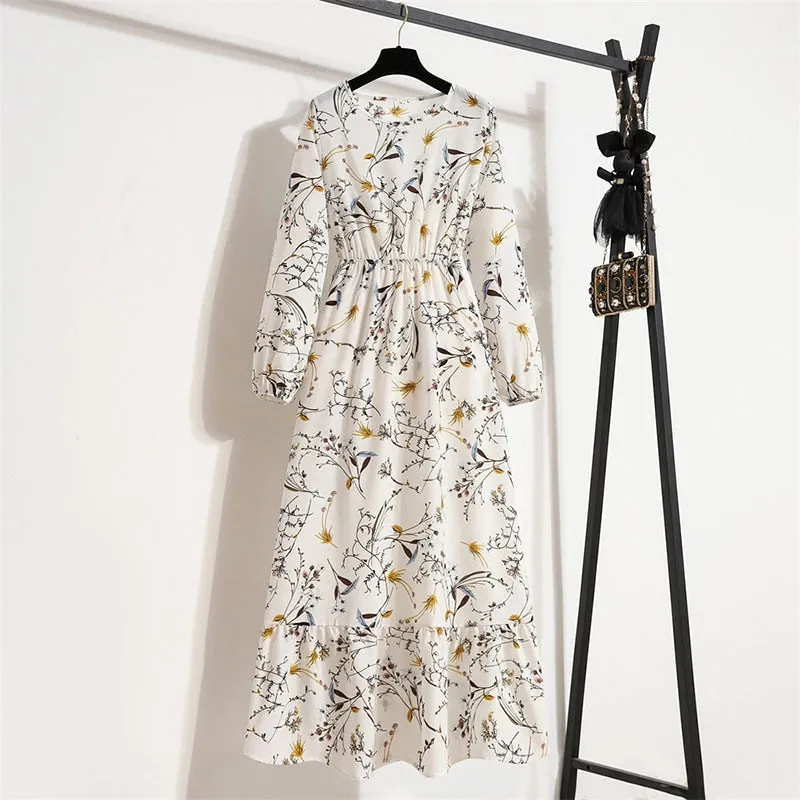 Floral Print Long Dress Women Lantern Long Sleeve High Waist Elegant Party Dress Ladies Casual Spring Summer Beach Maxi Dress