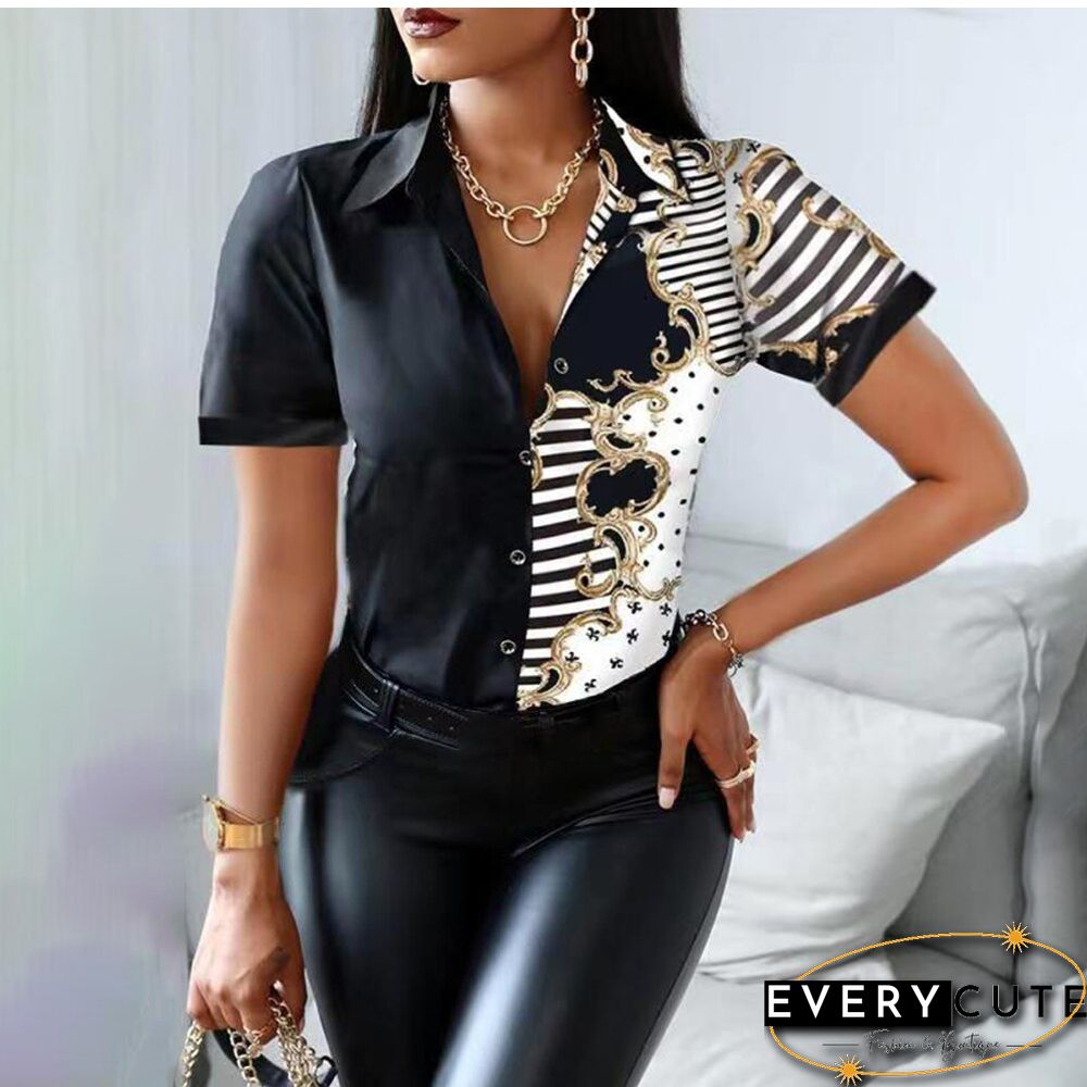 Summer Women Black Floral Print Top Shirt Fashion Casual Short Sleeve Turn-down Collar Tops Shirts New Elegant Slim Button Shirt
