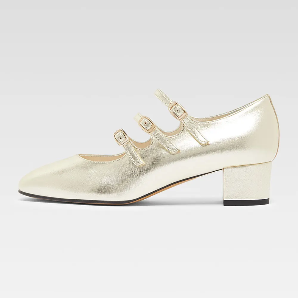 Champagne Triple Buckle Straps Square Toe Block Heel Mary Jane Shoes