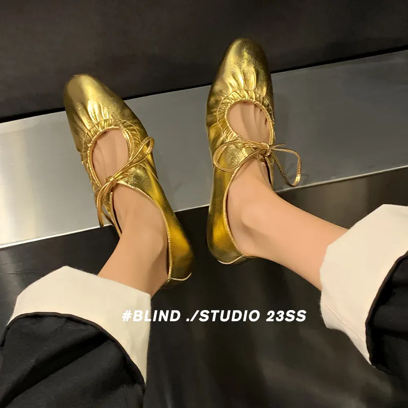 Churchf Churchf Crowd Design Gold Cowhide Strap With Lotus Leaf Mouth Flat Mary Jane Single Shoes Spring New French Leather Women's Shoes