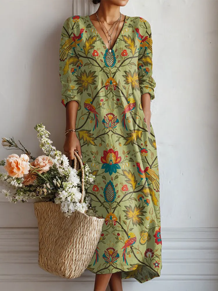 Women's Vintage Flower Art Print Linen Pocket Dress