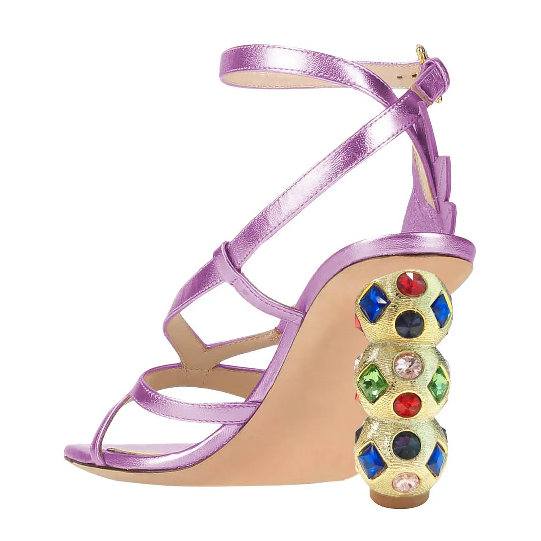 Purple Square Toe Leaf Shape Rhinestone Ankle Strap High Heels Sandals