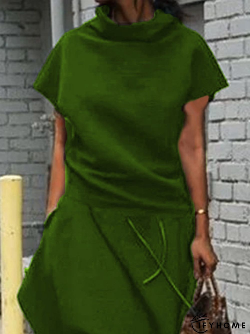 Vintage Plain Statement Plus Size Short Sleeves Stand Collar Casual Weaving Dress | IFYHOME