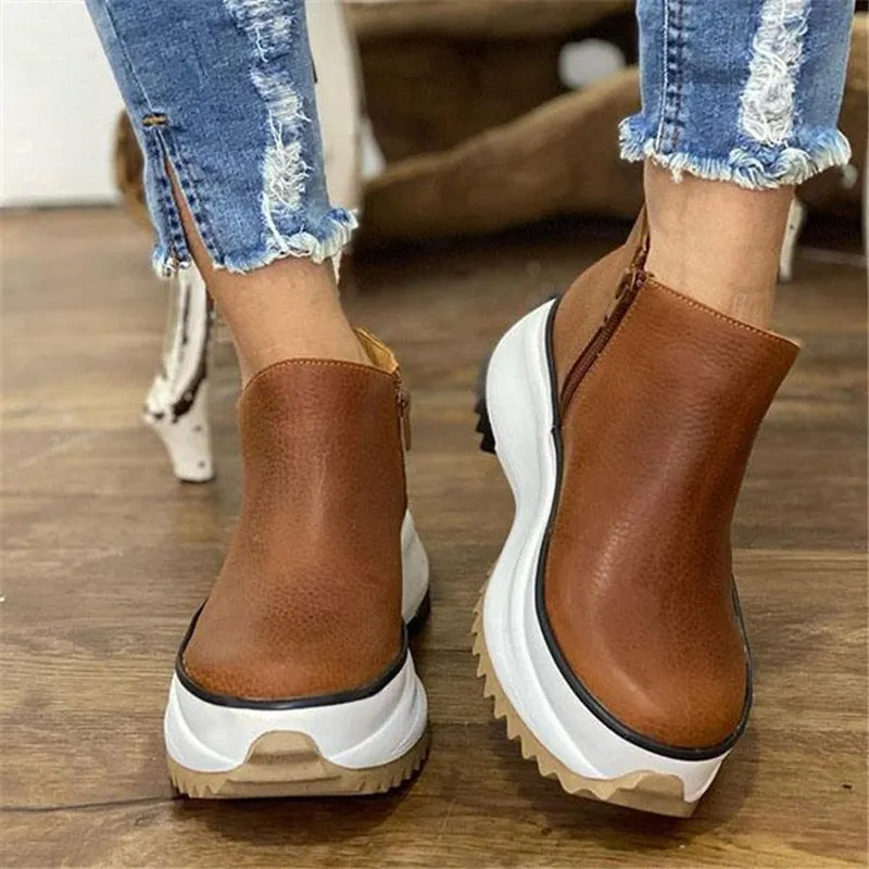 Women's Ankle Boots Casual Leather Round Toe Side Zipper Ladies Platform Shoes for Women Female Footwear Botas De Mujer
