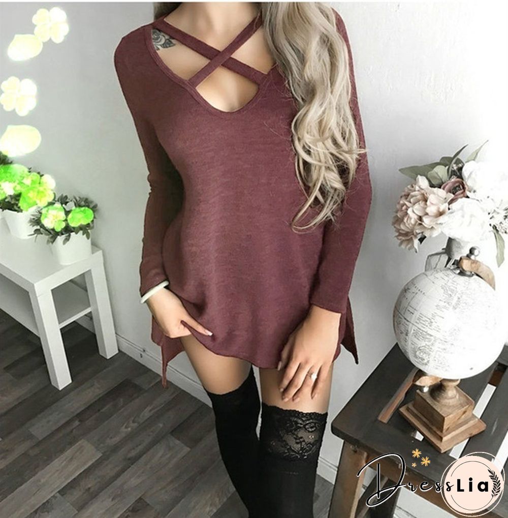 Women Spring Summer Fashion Long Sleeve Tops Black Casual Knitted Sweater Dresses Ladies Fashion Loose Mini Dress Pure Color Cotton Shirt Sexy Deep V-Neck Slim Fit Waist Bodycon Club Wear Knit Slit Party Robe Chic FemmeT-shirt