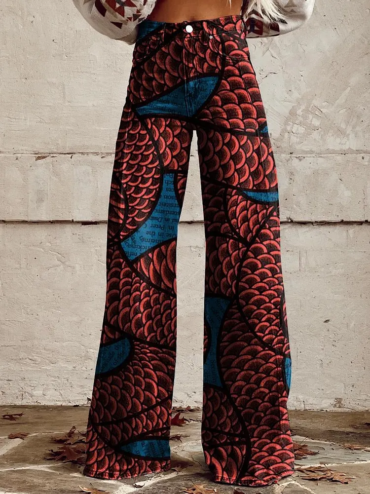 Women's Red and Blue Snake Scales Print Casual Wide Leg Pants
