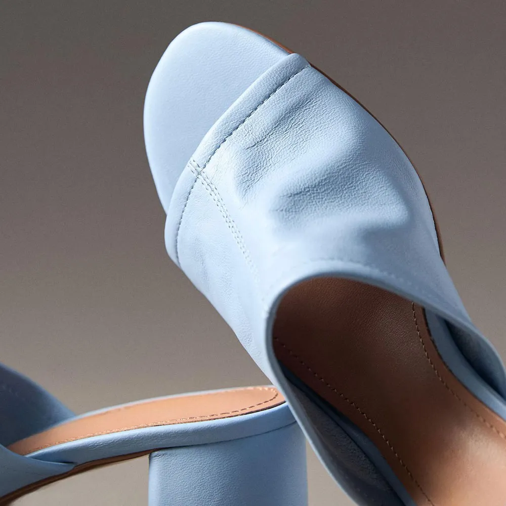 Sky Blue Open Round Toe Mules Sandals with Low Chunky Heel