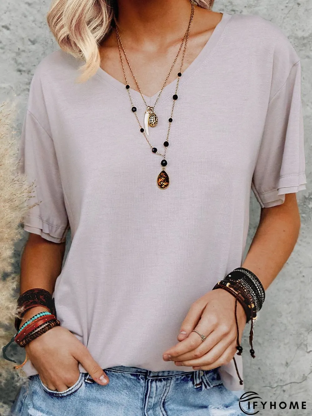 Cotton Holiday Short Sleeve V Neck T-shirt | IFYHOME