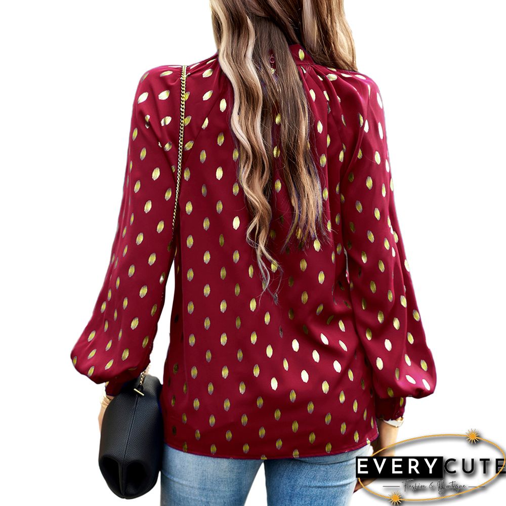Burgundy Notched Neck Pleated Cuffs Long Sleeve Tops