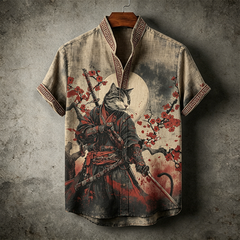 Men's Japanese Bloody Cat Samurai & Plum Blossom Linen Shirt elevenforest