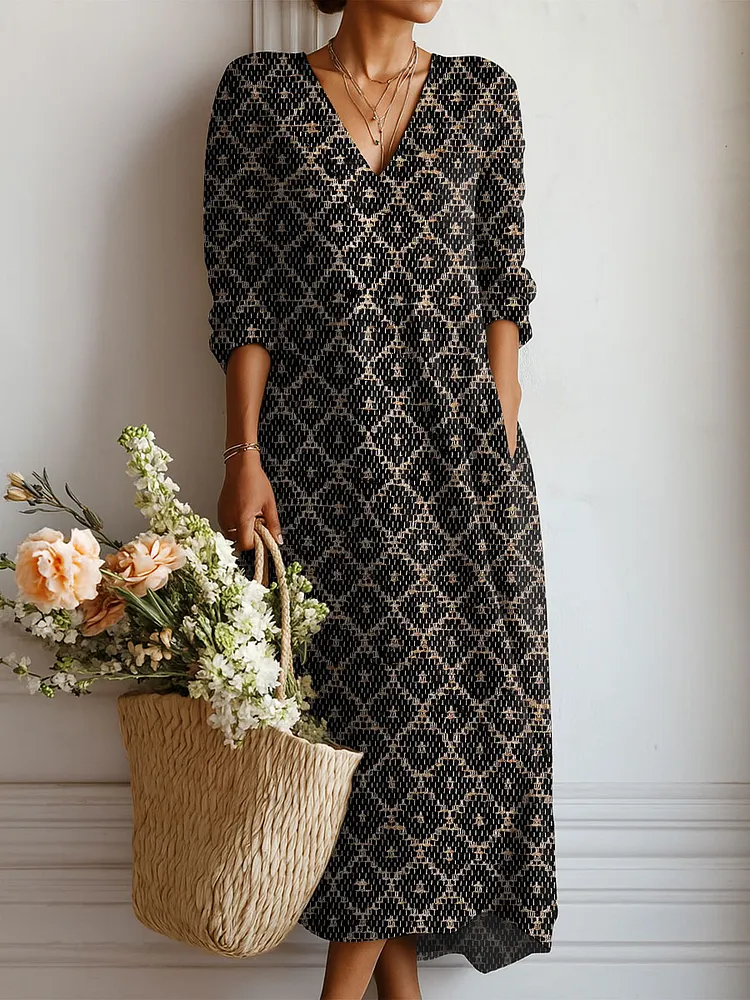Women's Vintage Pattern Art Print Linen Pocket Dress