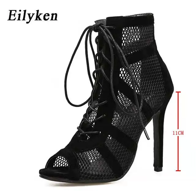 Eilyken 2022 Fashion Black Summer Sandals Lace Up Cross-tied Peep Toe High Heel Ankle Strap Net Surface Hollow Out Sandals
