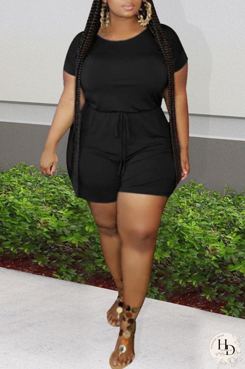 Black Fashion Casual Solid Basic O Neck Plus Size Two Pieces