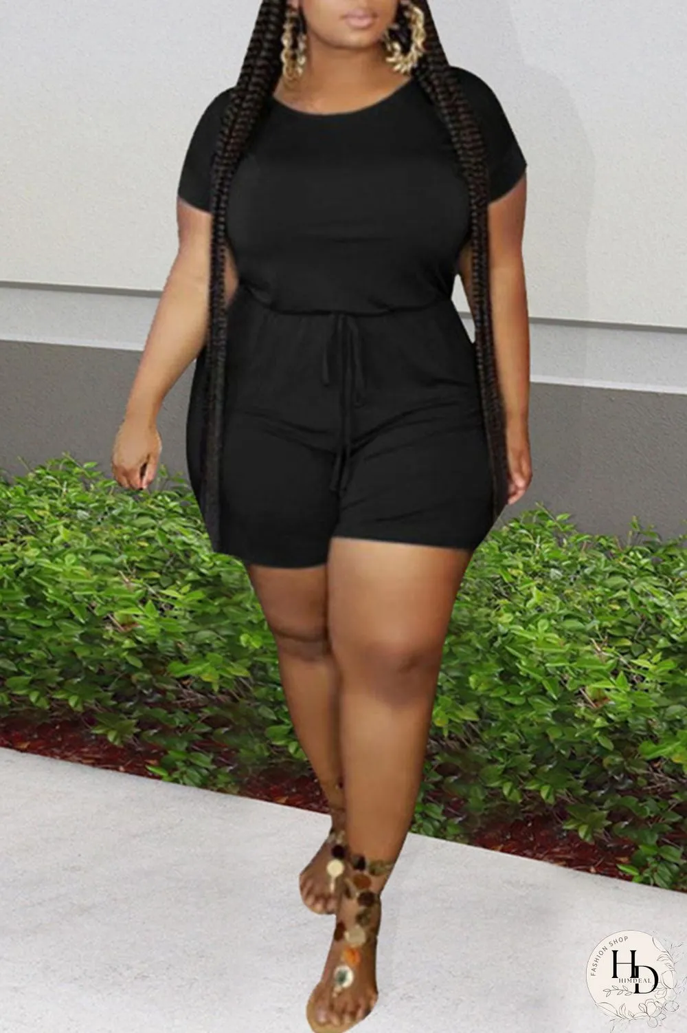 Black Fashion Casual Solid Basic O Neck Plus Size Two Pieces