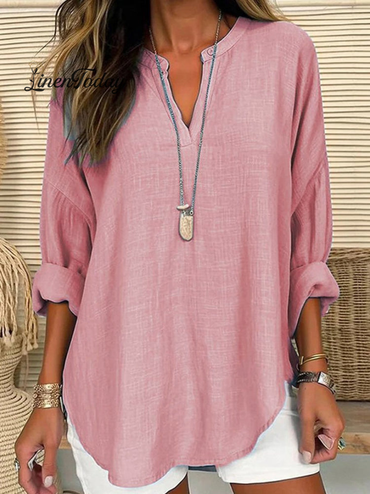 Quality Commuter Solid Color V - Neck Cotton Linen Pure Shirt Pink / S