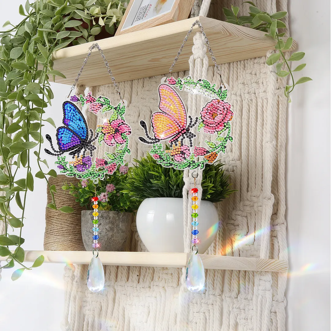 2Pcs Blue and Yellow Butterfly DIY Double-Sided Diamond Painting Hanging Kits Diamond Painting Suncatcher Craft Kit for Home Garden Wall Decor Gift