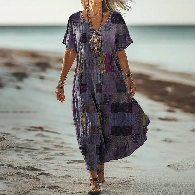 Women's Floral Patchwork Art Linen Blend Dress