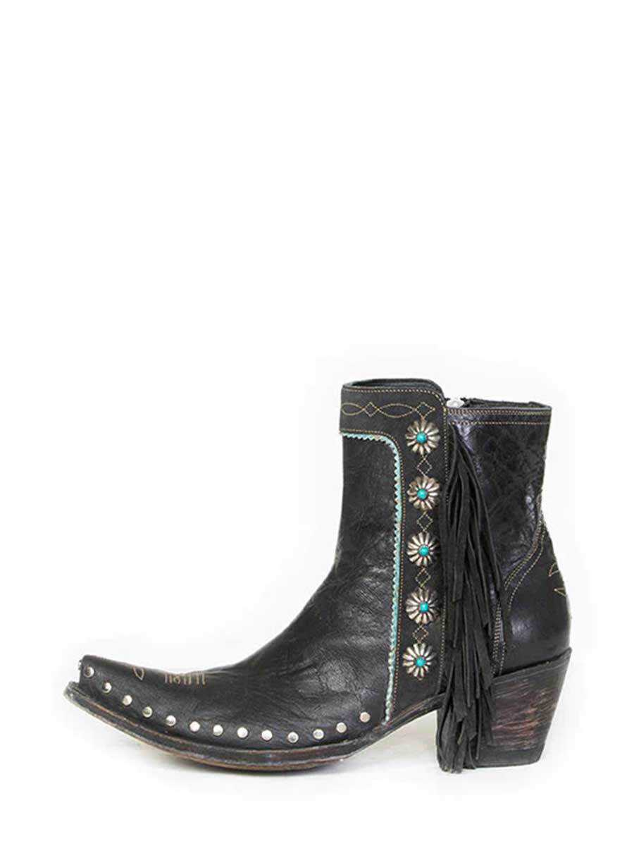 Black Floral Studded Booties Vintage Fringe Snip Toe Cowgirl Boots