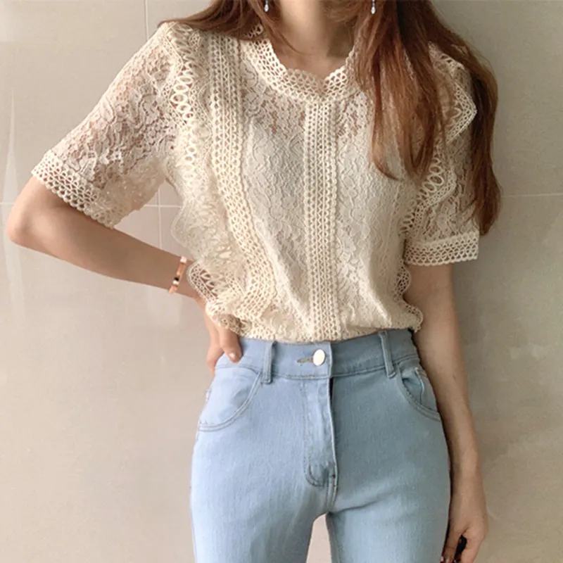 Brownm Brownm Top Retro Women's Summer 2025 New Lace Lace Hollow Shirt Temperament Slim Chic Short-Sleeved Shirt
