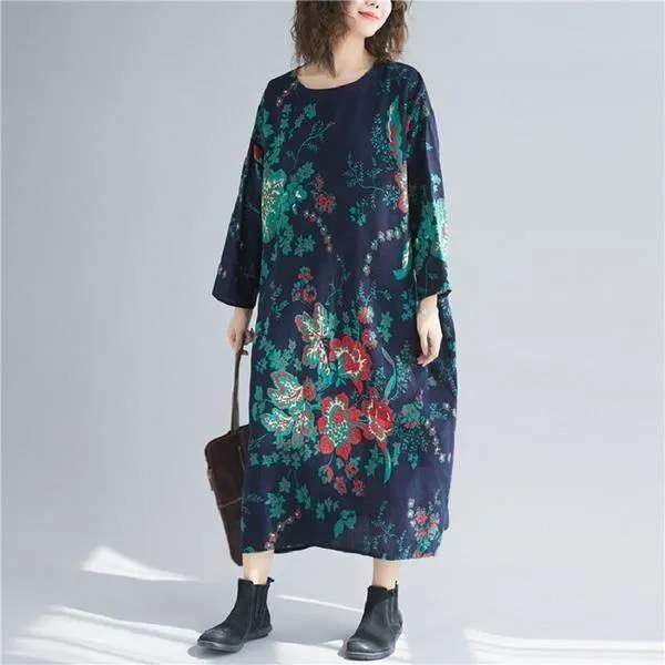 long sleeve cotton linen plus size Oversized vintage floral women casual loose autumn elegant dress clothes