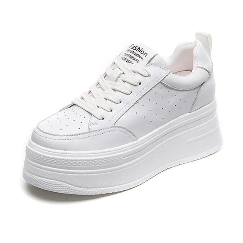 Fujin 7cm Genuine Leather Platform Wedge Shoes Chunky Sneakers White Comfortable Leather Super Thick Sole Spring Autumn Shoes