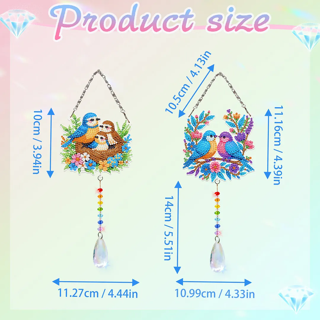 2Pcs Birds Family DIY Acrylic Diamond Painting Art Wind Chimes with Crystal Pendant Diamond Art Hanging Pendant Double-Sided for Adults Beginners Gift Home Garden Decor