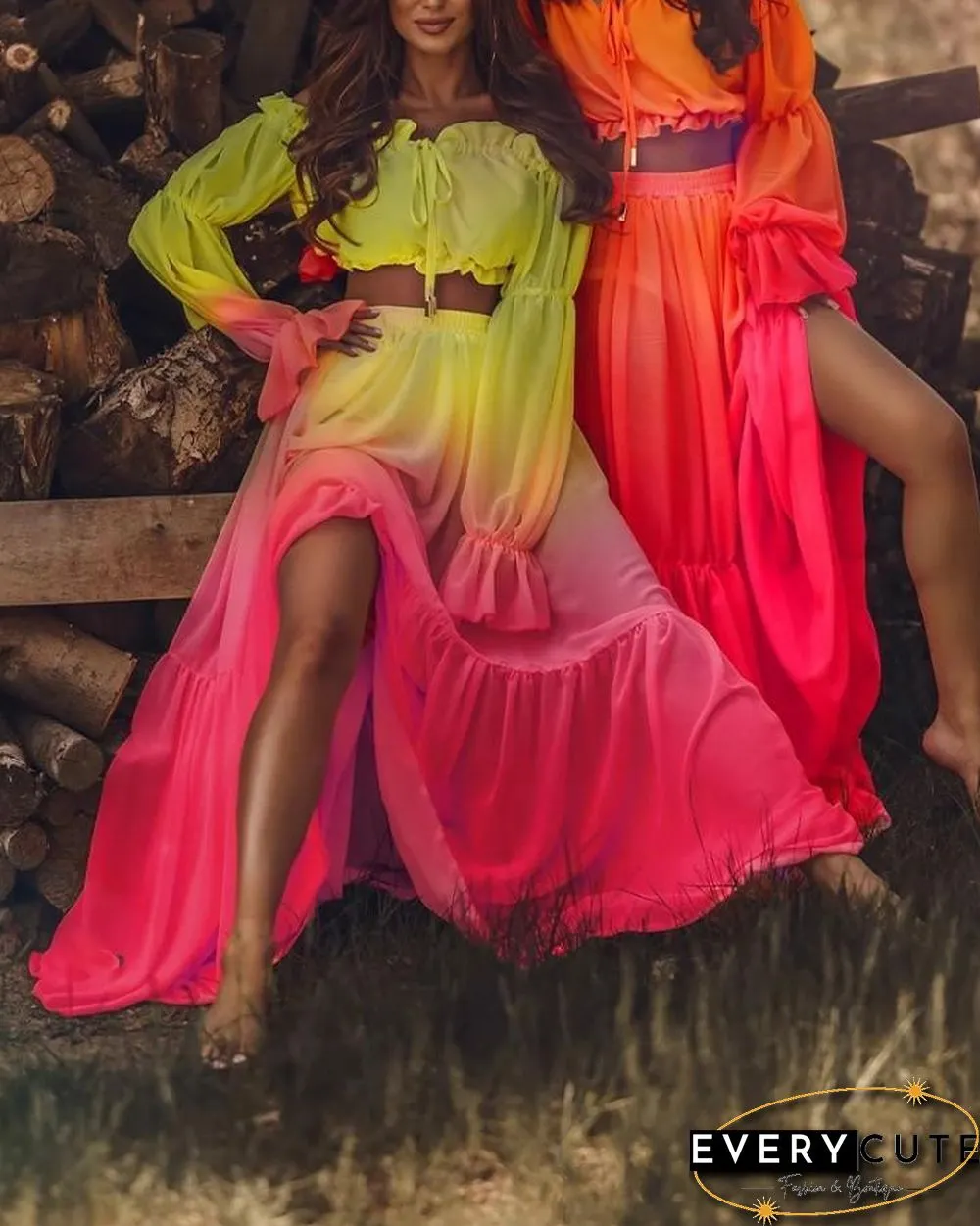 Tie Dye Long Sleeve Blouse With Loose Midi Skirts Suit Sets P15917