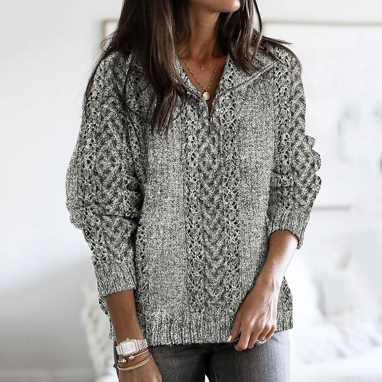 Women's Thick Knit Design Pattern Half Zip Neck Sweater