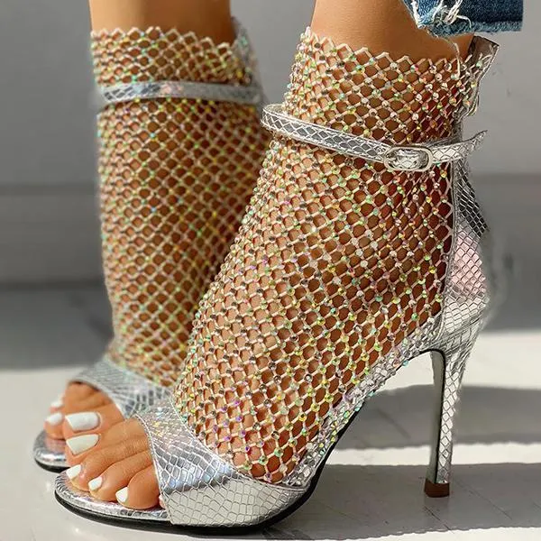 Studded Grid Mesh Open Toe Thin Heels