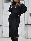 Off-The-Shoulder Long Sleeve Loose Solid Color Belted Knitting Midi Dress