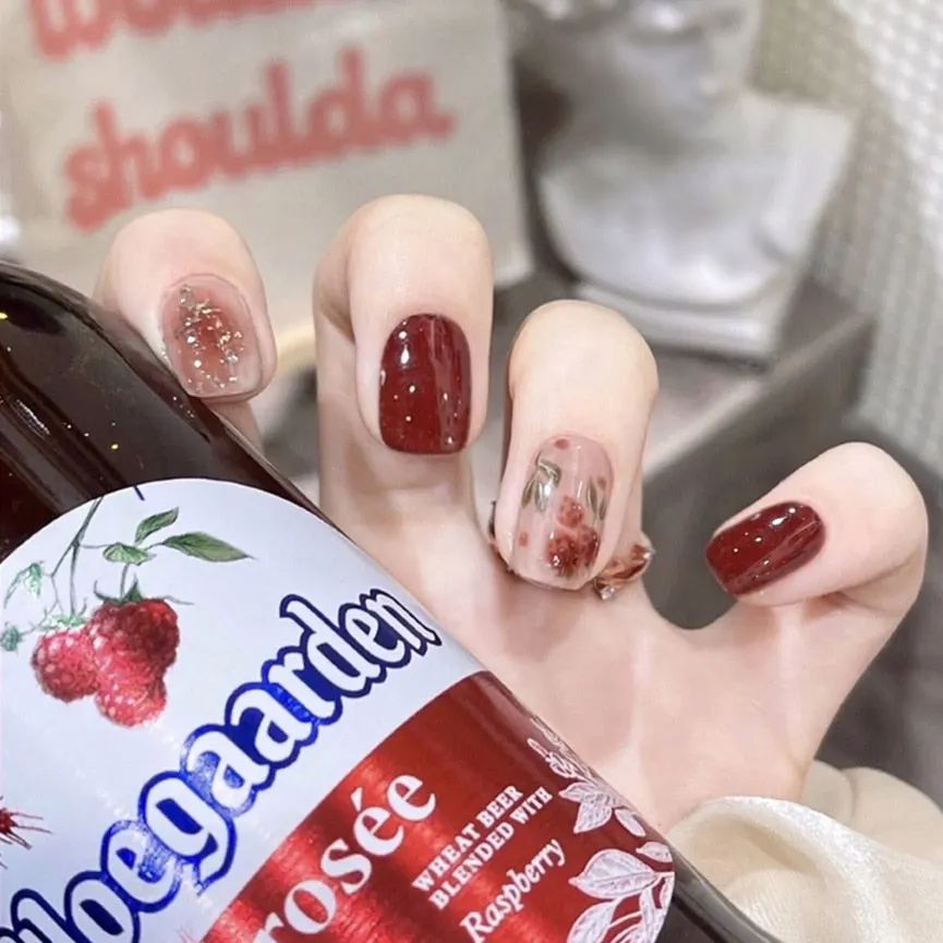 24Pcs Coffee Color With Grids Heart Designs False Nail Full Cover Fake Nails with Glue Detachable Wearable Manicure Nail Tips-Nail Inspo