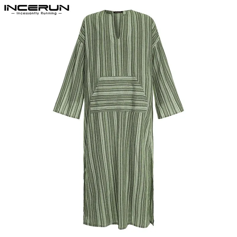 INCERUN Men Muslim Kaftan Cotton Arabic Islamic Robes Striped Retro Pockets Long Sleeve Middle East Men Jubba Thobe S-5XL 2022