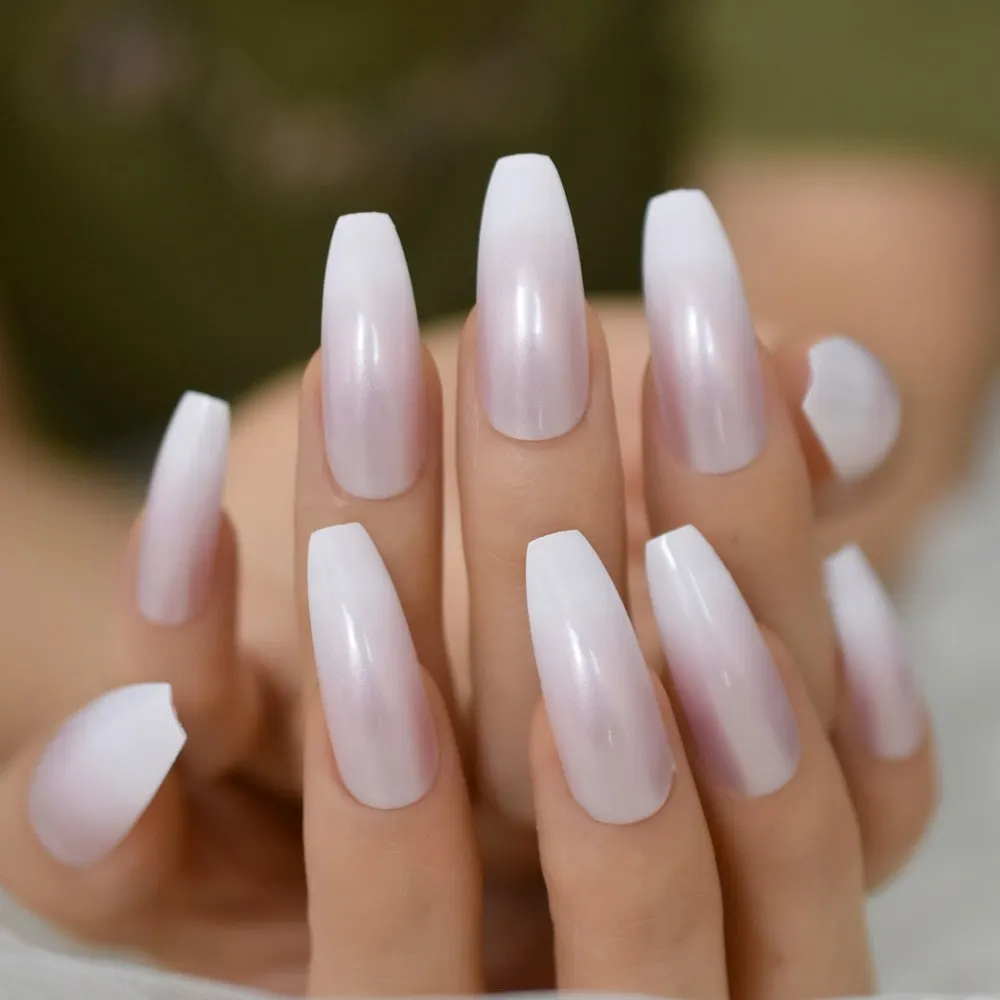 Pearl Shine Glossy Fake Nails Shimmer White Square Ombre French Nail Faux Ongles Gradient Medium Fingernails with Gluetabs-Nail Inspo