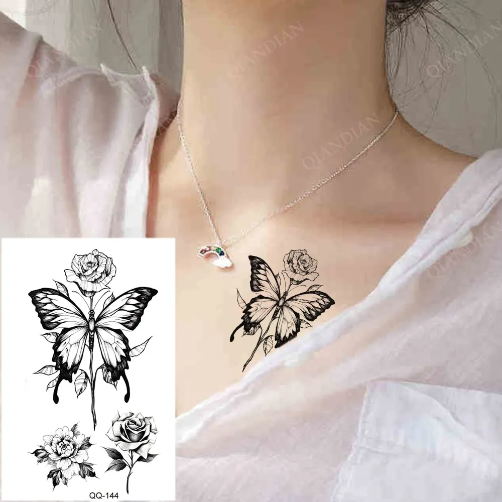 Sdrawing Temporary Tattoo Stickers Butterfly Snake Rose Flower Gun Dark Flash Small Women Body Art Wrist Neck Fake Tattoos Men