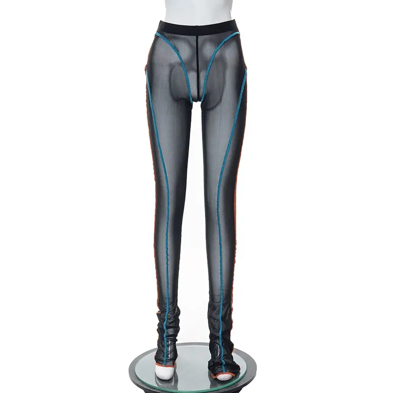 Hugcitar Bright Line Mesh High Waist Slim See Through Pants Leggings Skinny 2022 Summer Slim Sexy Streetwear Club Outfit Y2K
