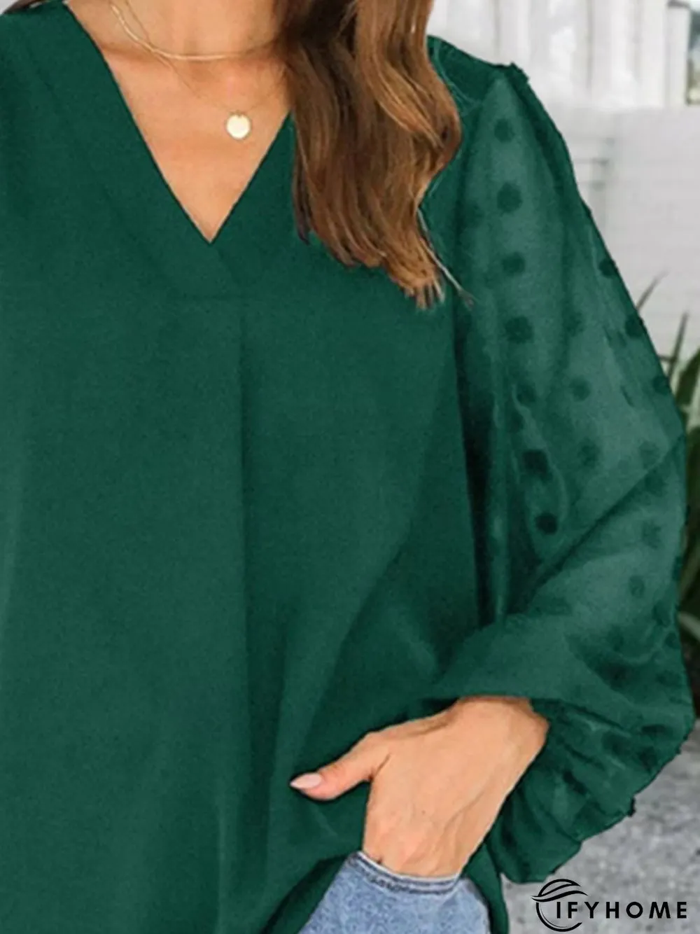 Plain Jacquard Elastic Cuff Long Sleeve V Neck Casual Top | IFYHOME