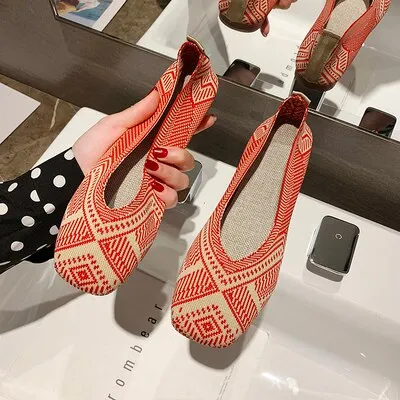 2021  Plus Size Spring New Ballet Flats Women Square Toe Knit Fabric Loafers Breathable Flat Heel Drive Shoes Driving Sneaker