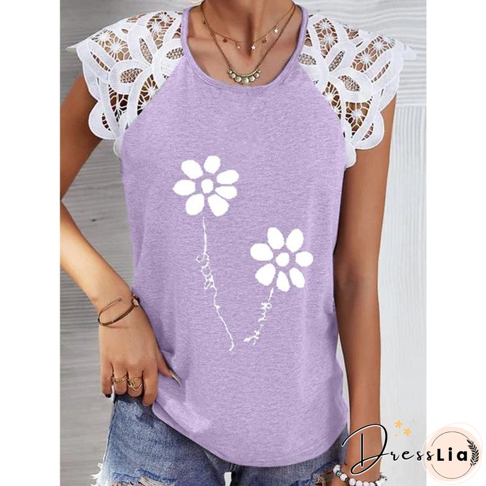 Lace Hollow Sleeve Printed T-Shirt