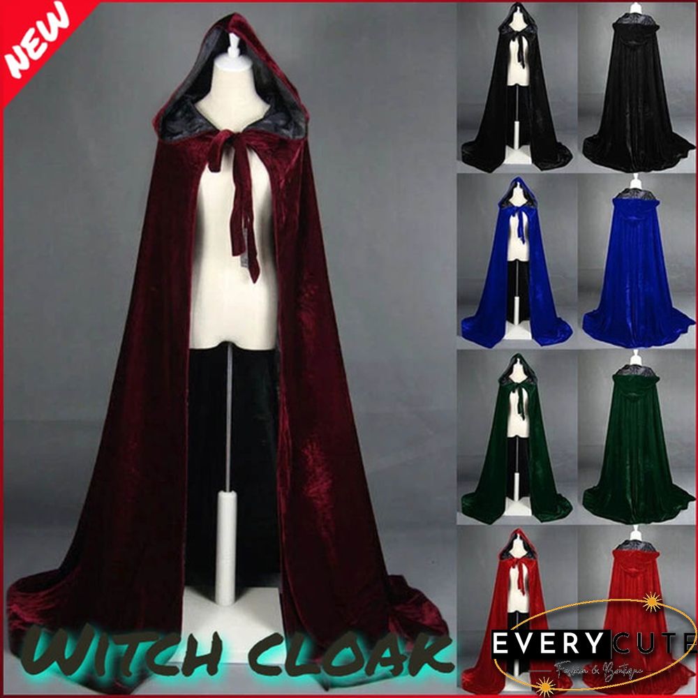 Adult Hooded Cloak Long Velvet Cape Robe Green Black Red Halloween Carnival Purim Coats Medieval Witch Wicca Vampire Costume