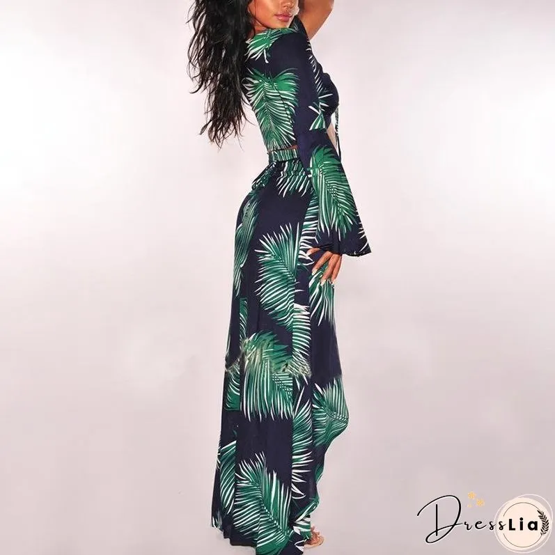 Sexy Two-Piece Lace Up Flare Sleeve Floral Printed Crop Tops Skirts Outfits