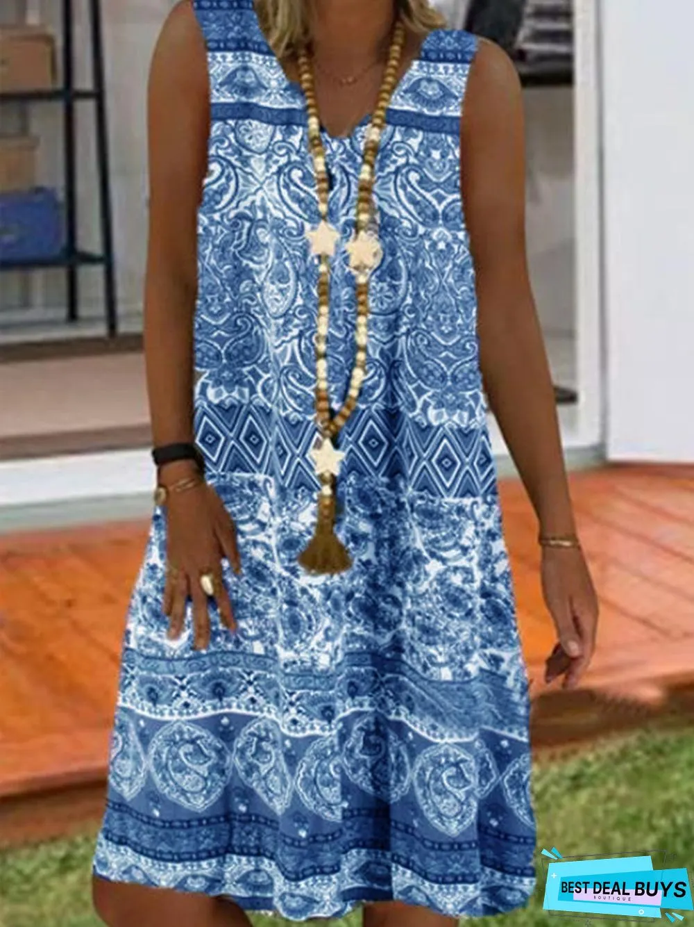 Casual Sleeveless V Neck Printed Weaving Dress