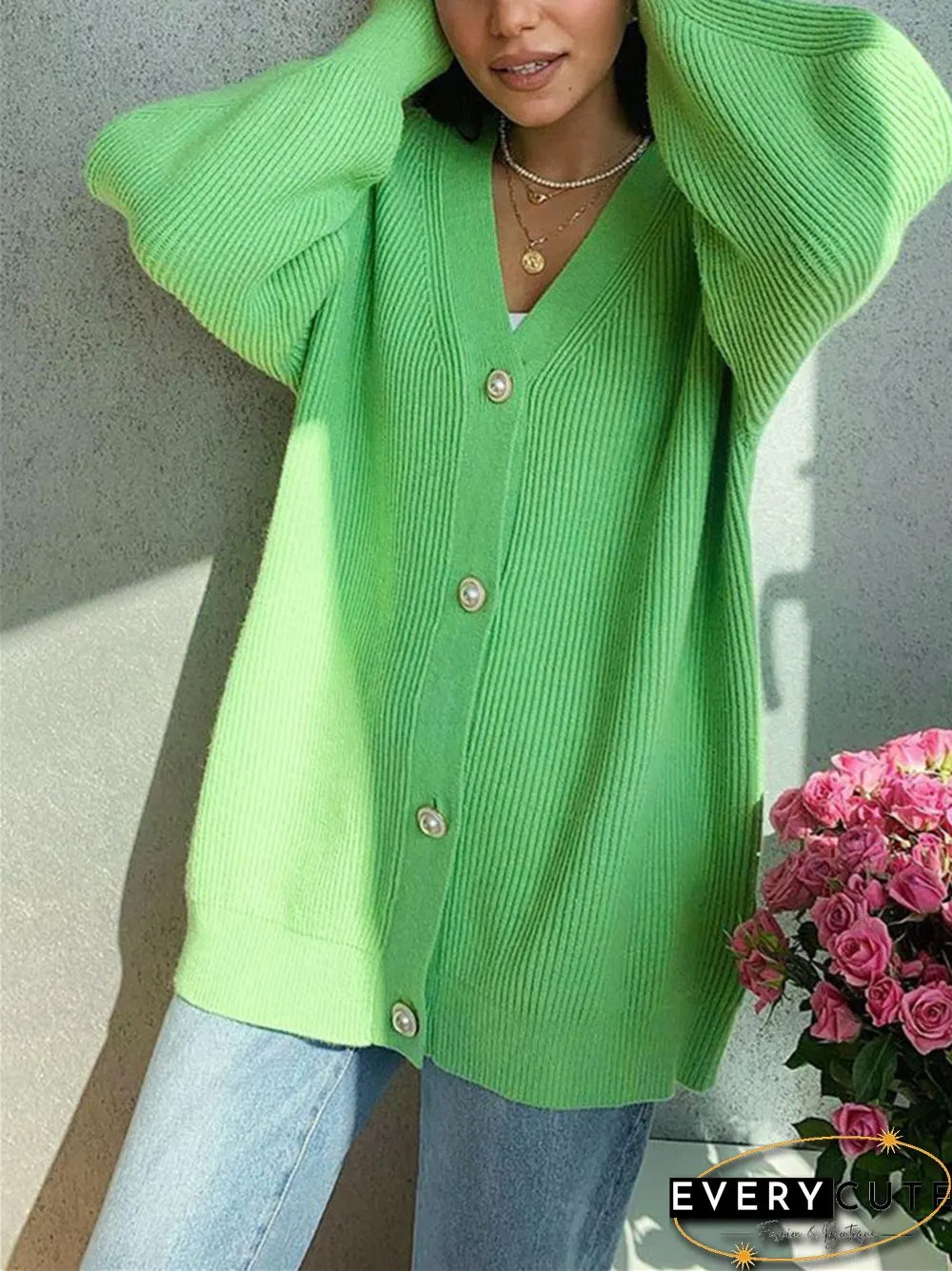 Solid Color V-neck Casual Loose Knit Breasted Cardigan Sweater