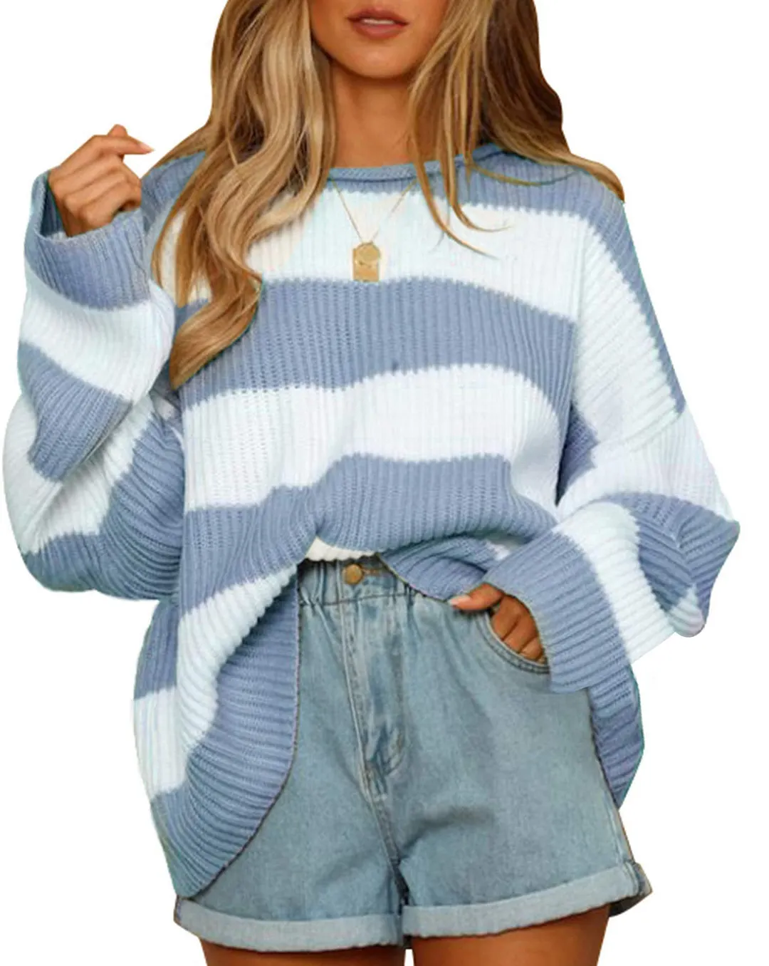 Churchf Churchf Temperament Round Collar Long Sleeve Sweater Women's Autumn And Winter New Stripe Loose Casual Sweater Jacket Female