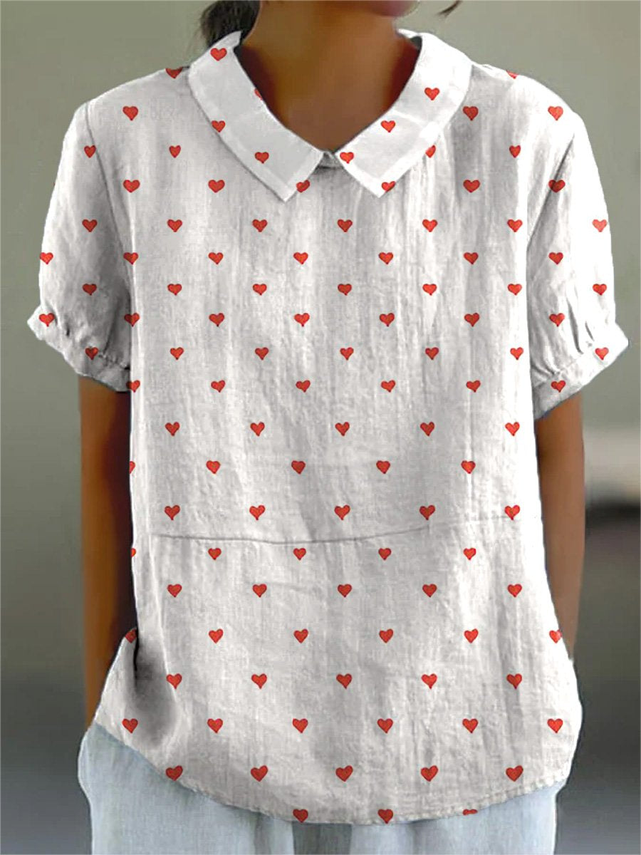 Lovely Little Hearts Pattern Printed Women's Casual Cotton And Linen Shirt