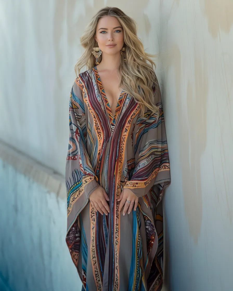 Contton & Linen Long Sleeve Moroccan Style  Kaftan Maxi Dress