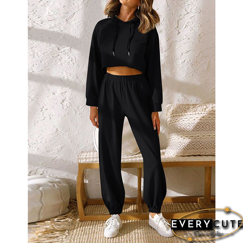 Black Cotton Blend Crop Hoodie and Pant Sports Set