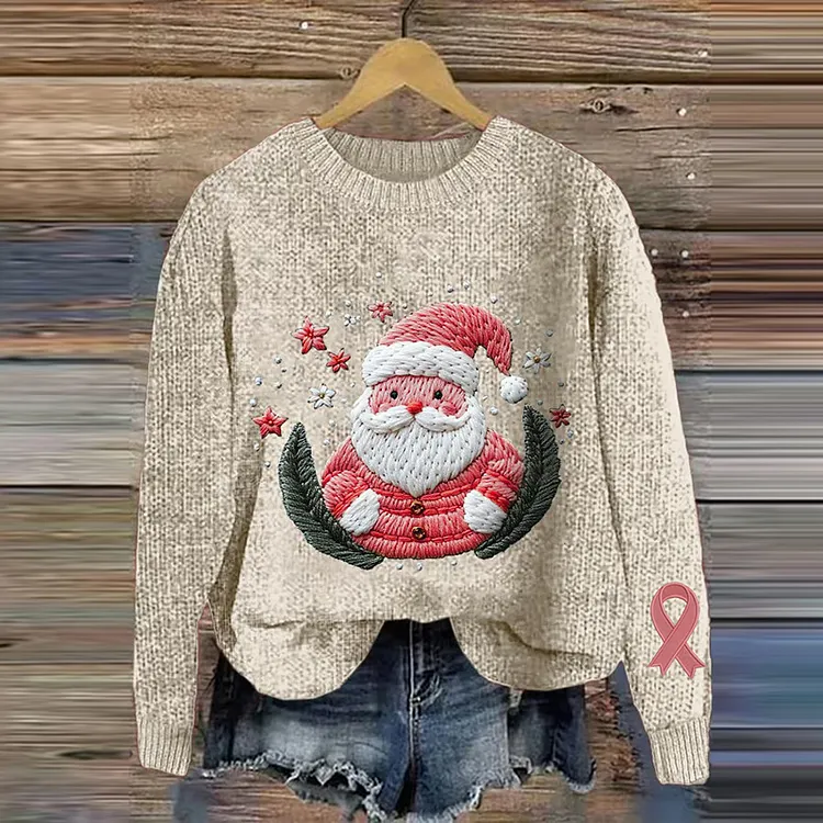 Christmas Santa Claus Pink Ribbon Embroidery Jacquard Knitting Cozy Knit Sweater