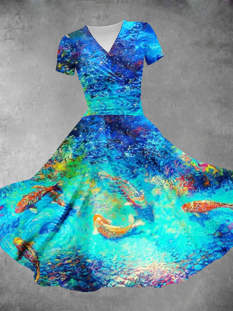 Women's Oil Painting Ocean Marine Life Fish Art Print Design Maxi Dress